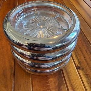 Vintage Cut Glass Coaster w/ Flat Silver Rim - Sunburst Star Daisy - No Markings